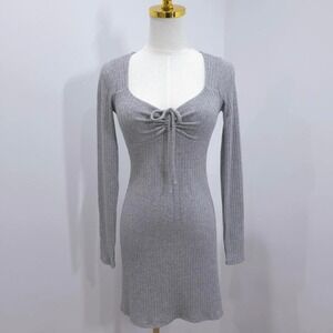 Lush Heather Grey Ribbed Long Sleeve Cinched Mini Dress DR99660-003 XS